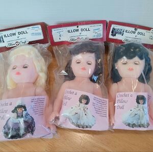FIBRE CRAFT 8" Pillow Dolls (3) 1989 31196R New Blonde, Brunette Black Blue Eyes